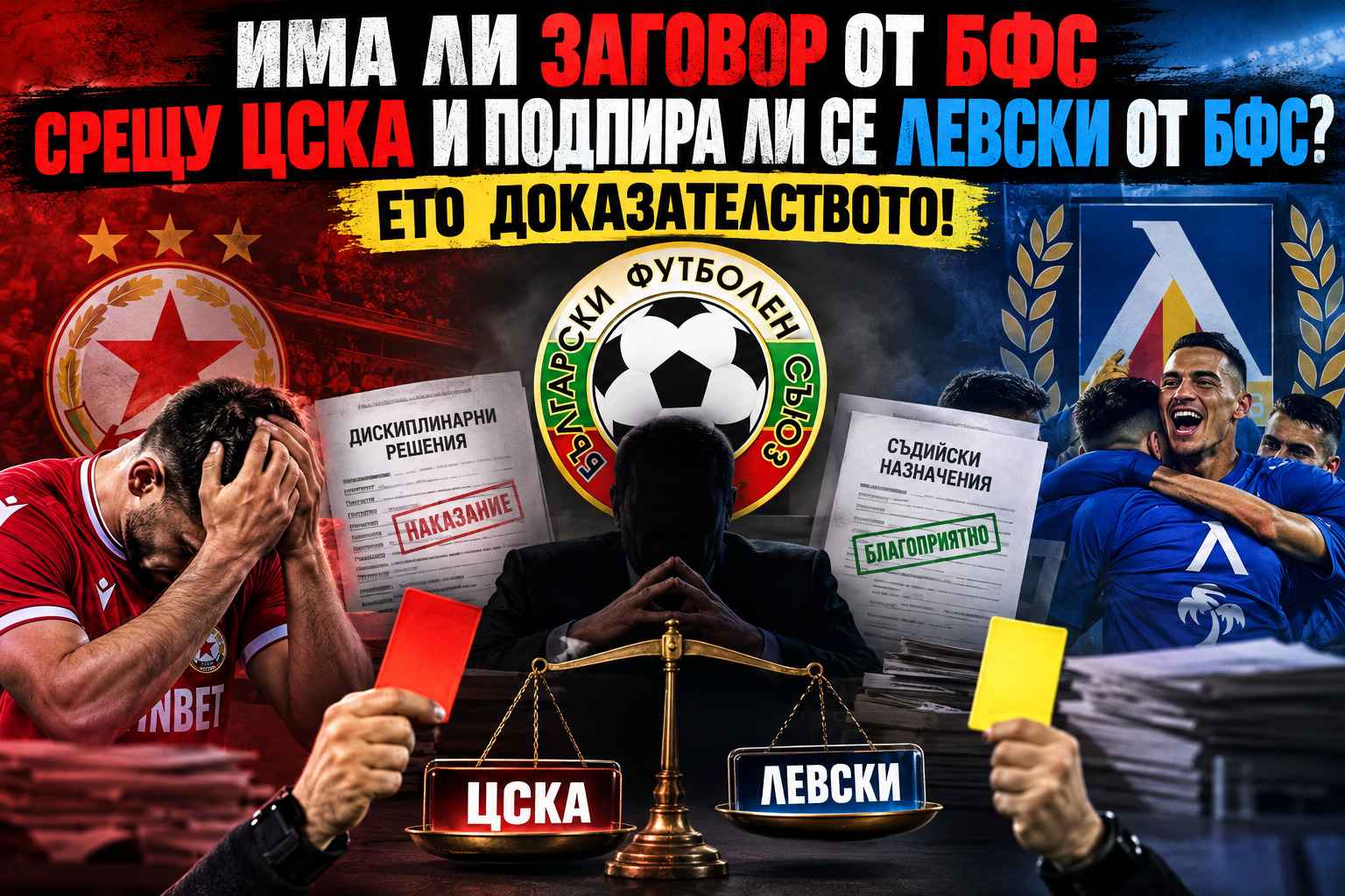ЦСКА, Левски и БФС – редакционна илюстрация към анализа на картоните и дузпите в efbet Лига